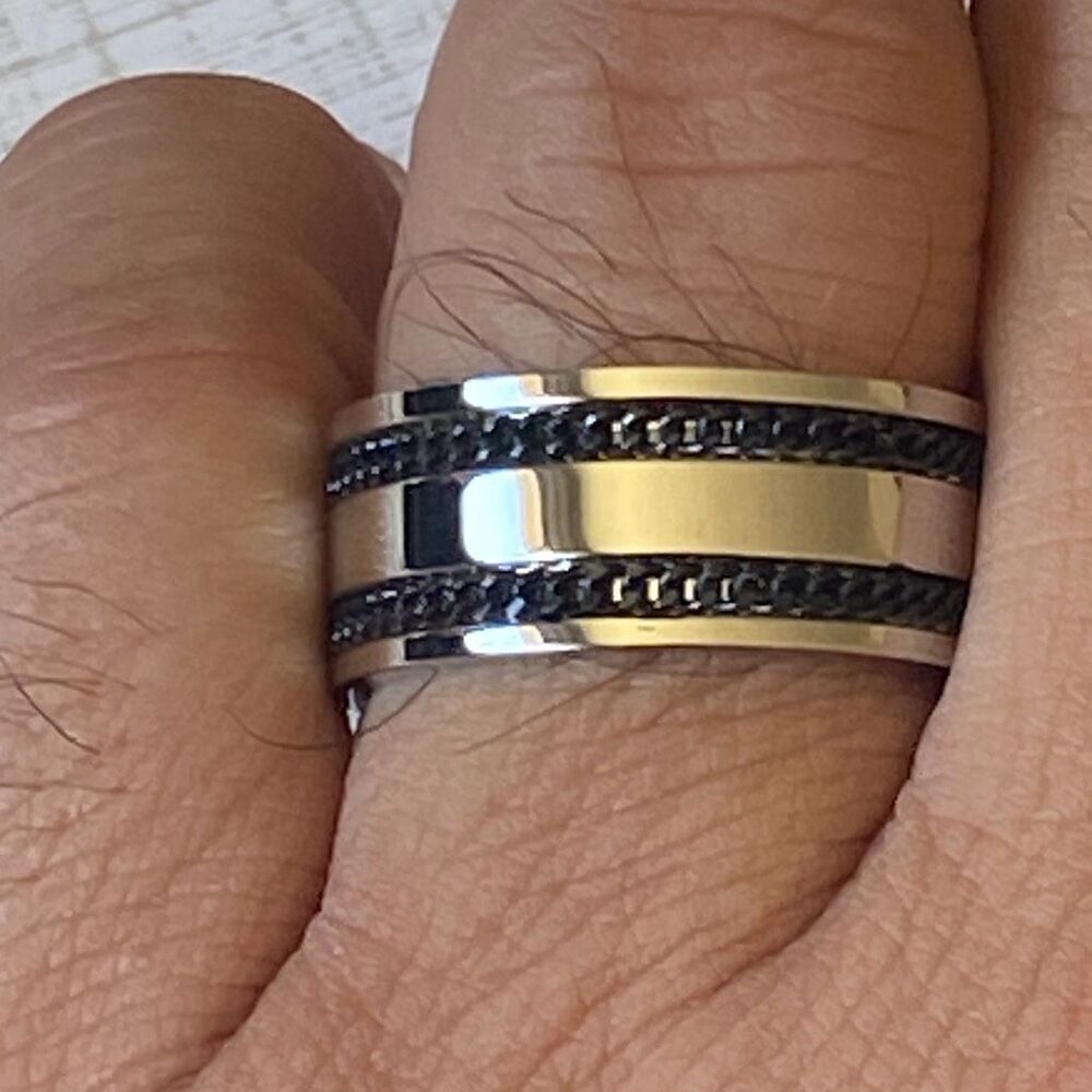 Men’s Stainless Steel Ring Size 11 Chain Link Detail Black & Silver